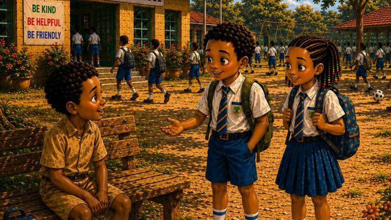 Ariko, Zuri and Khamani at the school bench, from The New Friend